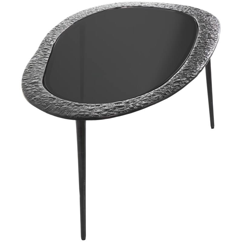 Aluminum Metal Abstract Oval Shaped Side End Table with Shaded Glass Top and Detailed Engravings - Black - Roche River Decor