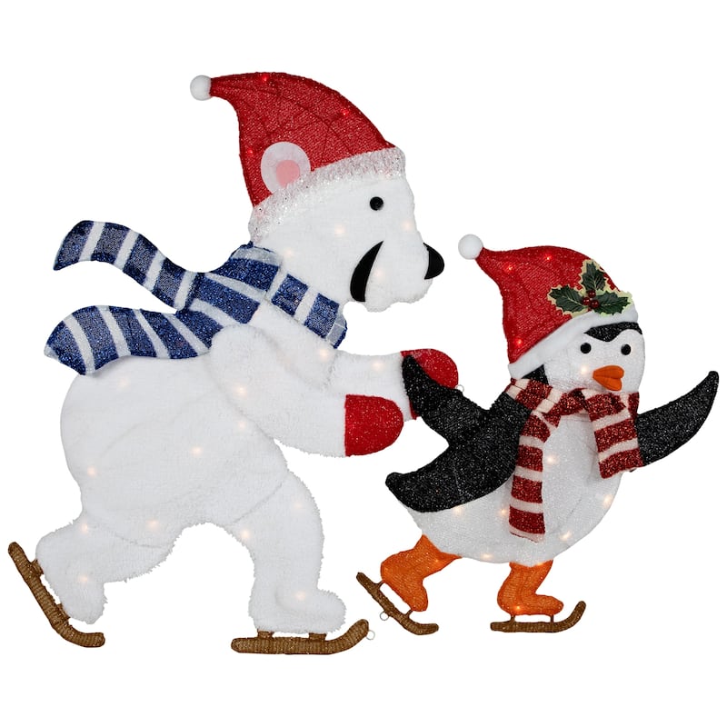 41.25" Lighted Ice Skating Polar Bear and Penguin Outdoor Christmas Decoration - Red