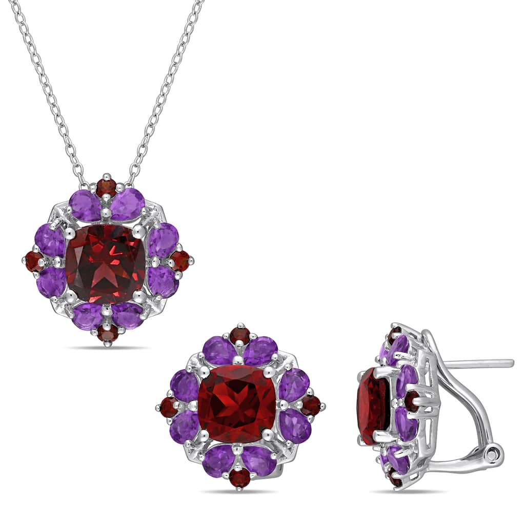 Miadora 13 1/4ct TGW Garnet Africian Amethyst Cluster Pendant Chain Earrings Set Sterling Silver
