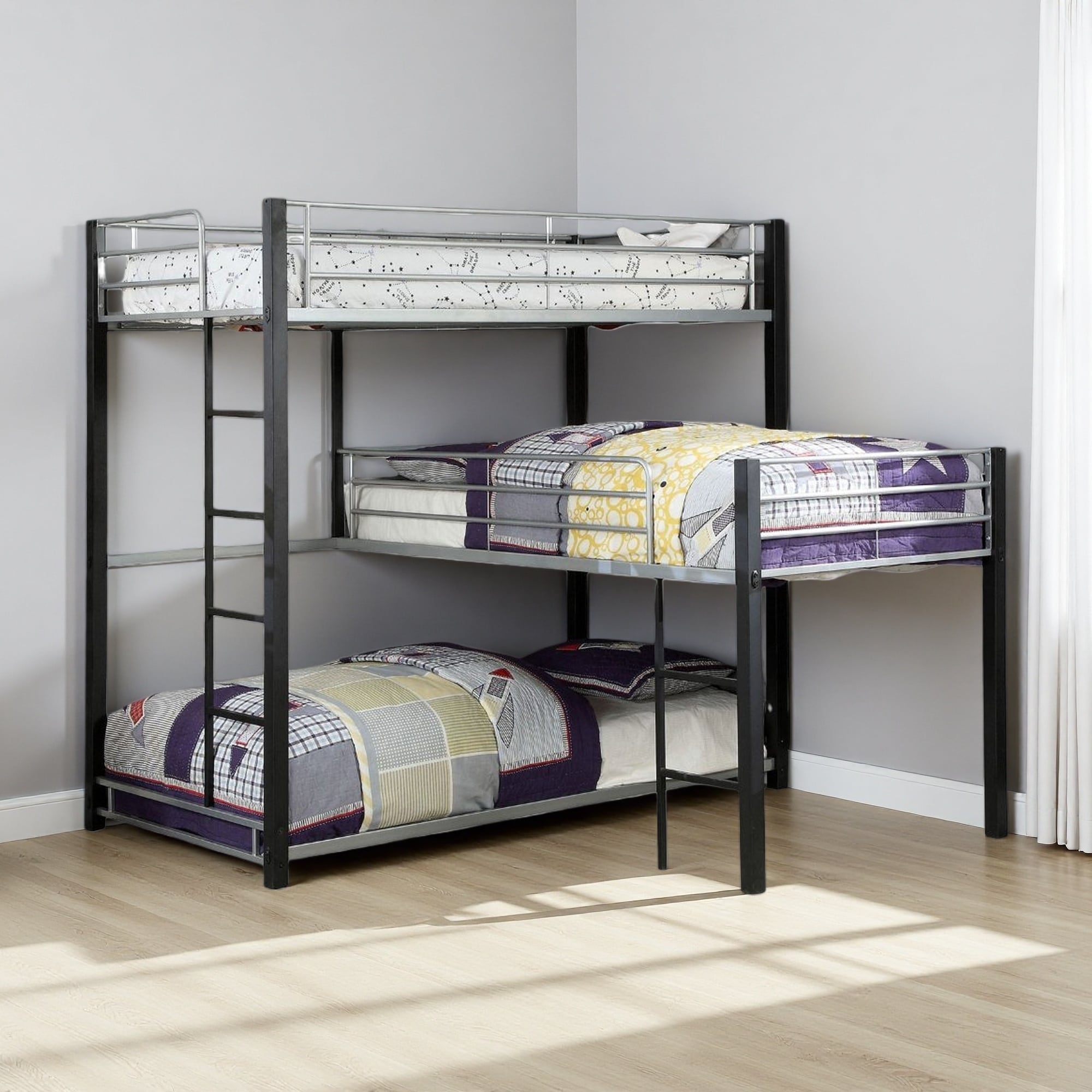 Triple Twin Decker Bunk Bed Metal, Contemporary Style, 3-Tiered with Two Ladders & Guard Rails, Slat Kit Included, Corner Design