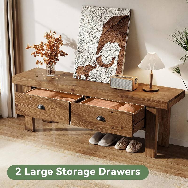 55" Solid Wood Long Bench with 2 Drawers and Open Storage Shelves