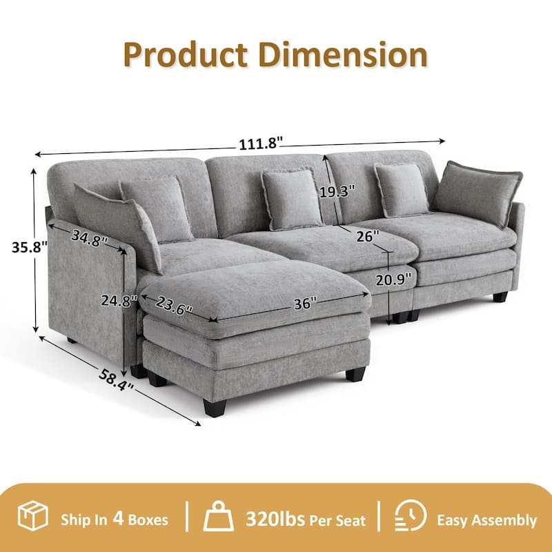 MCombo 111.8'' Modular Sectional Sofa Couch with Reversible Ottoman for Living Room, L Shaped Sofa, FSC Certified