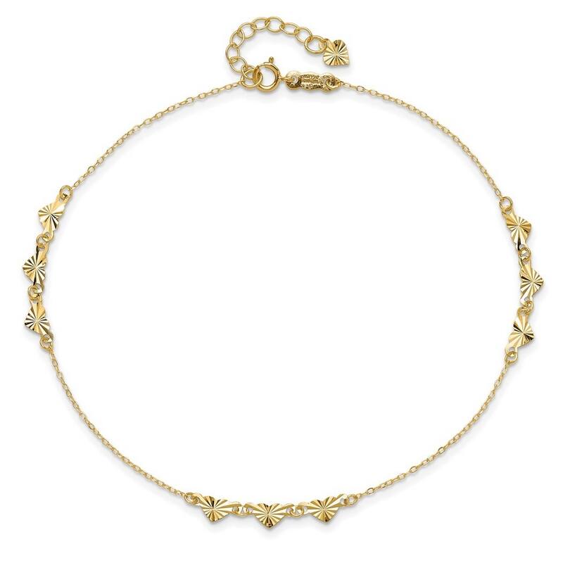 Curata 14k Yellow Gold 9+1" Diamond-cut Triple Heart Station Anklet (Spring-ring)
