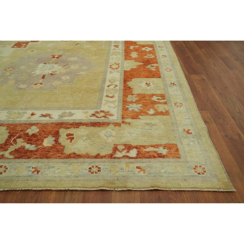 Vegetable Dye Wool Oushak Turkish Area Rug, Floral Geometric Carpet - 10' 0'' X 8' 4''