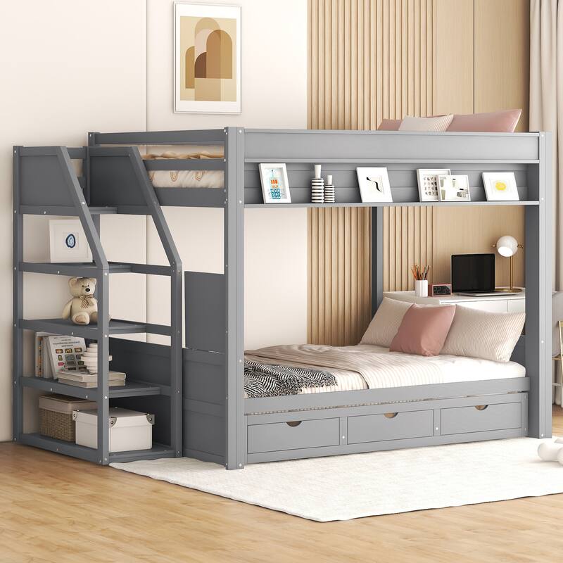 Full Size Convertible Bunk Bed with Storage Staircase, Daybed Conversion, and 3 Drawers for Efficient Bedroom Organization