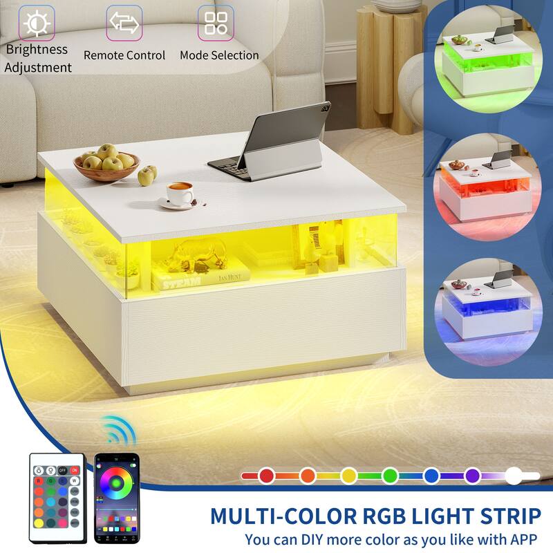 Moasis LED Square Coffee Table with Acrylic Drawers, Wood Center Table for Living Room