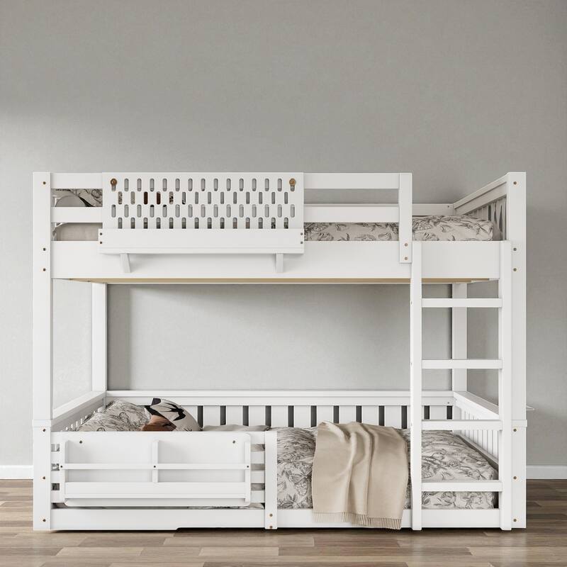 Queen over Queen Bunk Bed with Ladder, Guardrails, Pegboard Storage & Built-In Bookshelf, Solid Wood Frame
