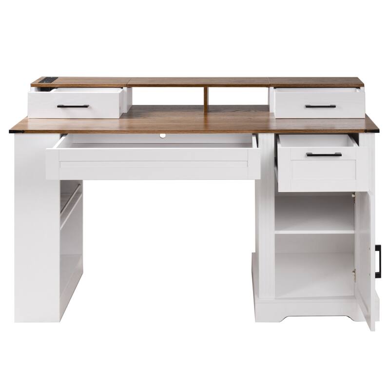 Roomfitters 55" Farmhouse Office Desk with Barn Door Cabinet, Pegboard & Charging Station