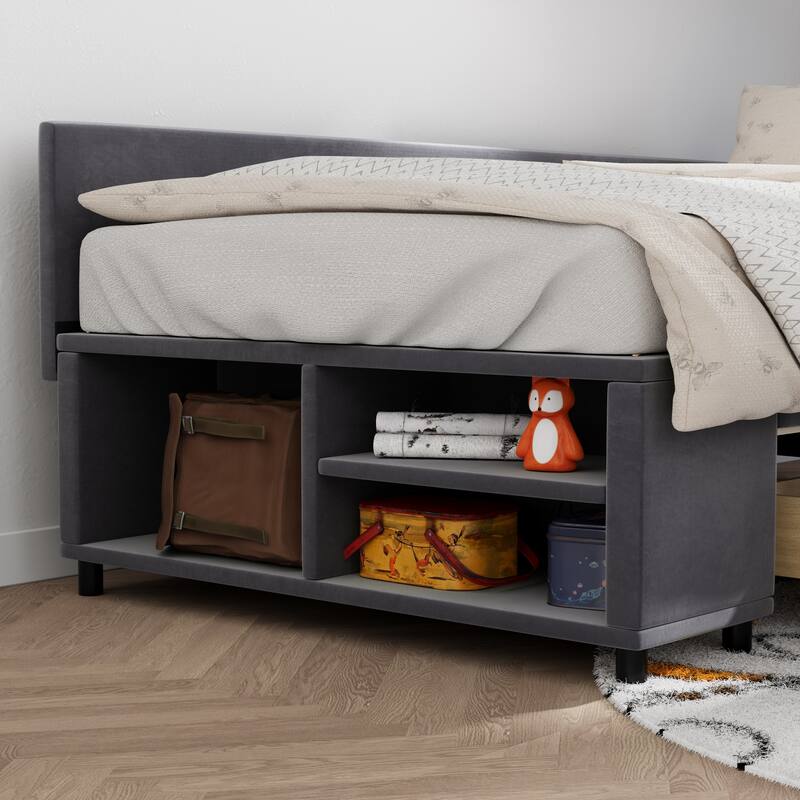 Twin Size Velvet Upholstered Daybed with Built-In Side Storage and 2 Drawers, L Shaped Corner Platform Sofa Bed Frame
