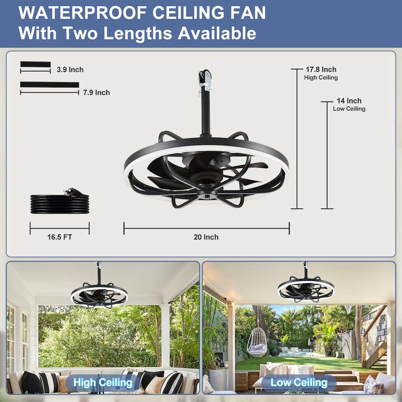 Waterproof Outdoor Ceiling Fan with Light - 20-Inch IP65 Plug-in, Remote App Control, 6-Speed Gazebo/Patio