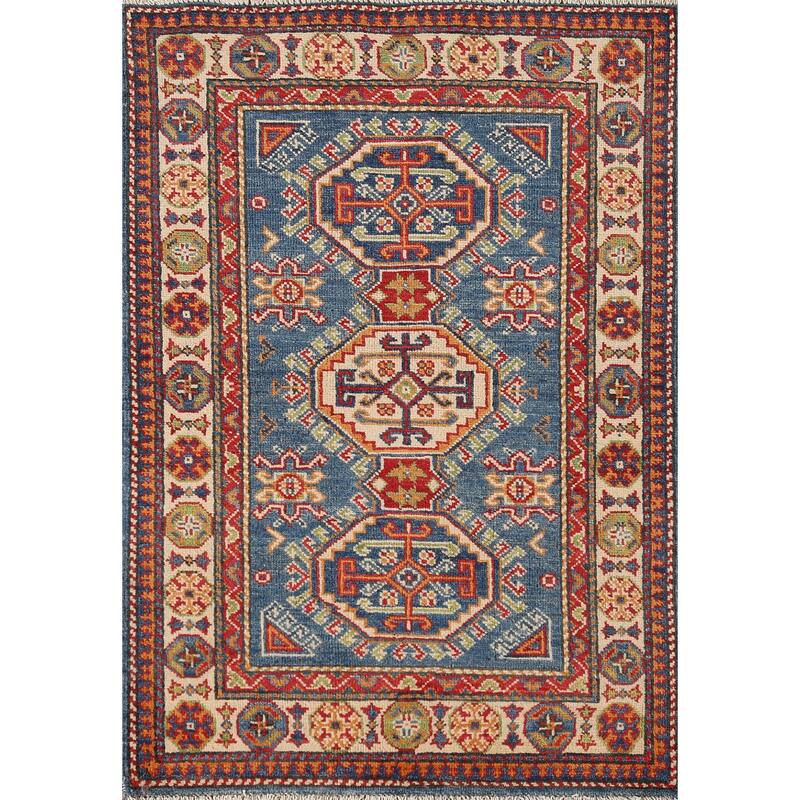 Blue Kazak Oriental Accent Rug Hand-Knotted Geometric Wool Carpet - 2'8"x 4'1"