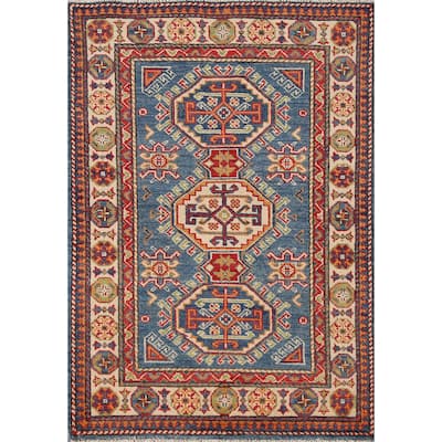 Blue Kazak Oriental Accent Rug Hand-Knotted Geometric Wool Carpet - 2'8"x 4'1"