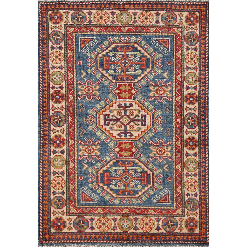 Blue Kazak Oriental Accent Rug Hand-Knotted Geometric Wool Carpet - 2'8"x 4'1"