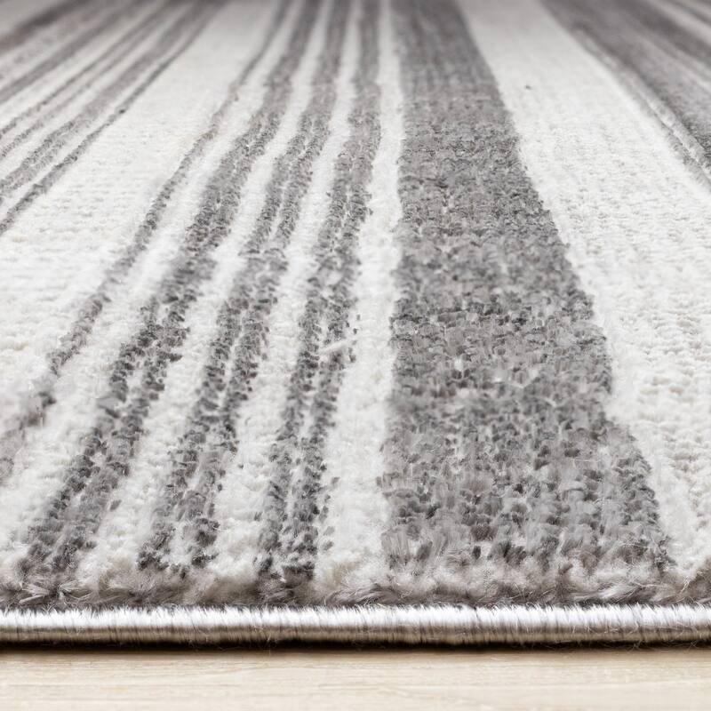 Zuri Collection - Soft Textured Grey White Patterened Rows Rug