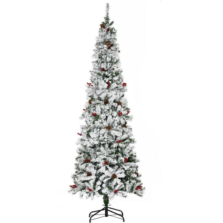 Snow Flocked Pencil Artificial Tree - Realistic Pine Branches, Pine Cones, Red Berries, Auto Open - Green,White
