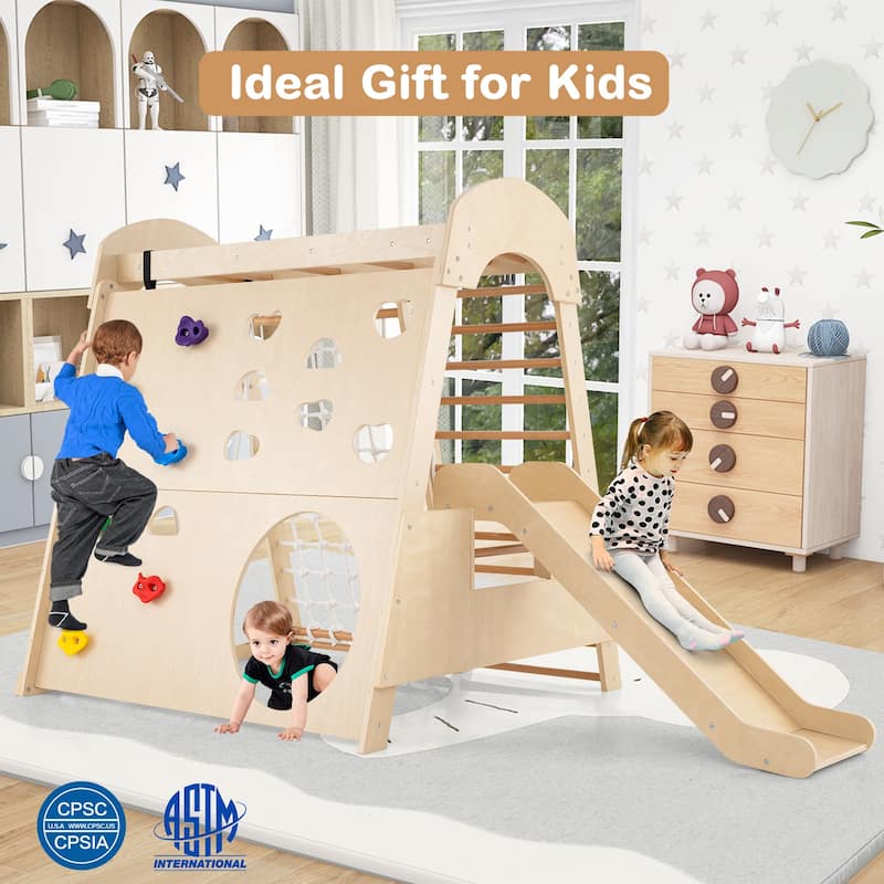 8-in-1 Indoor Jungle Gym Wooden Playground with Swing and Climbing Wall-Natural - Multi