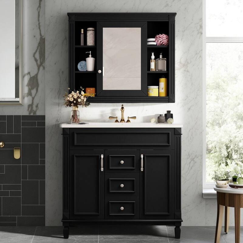 30" Ceramic Sink Bathroom Vanity with Gold Handles, Soft-Close Storage & Space-Saving Design - Black