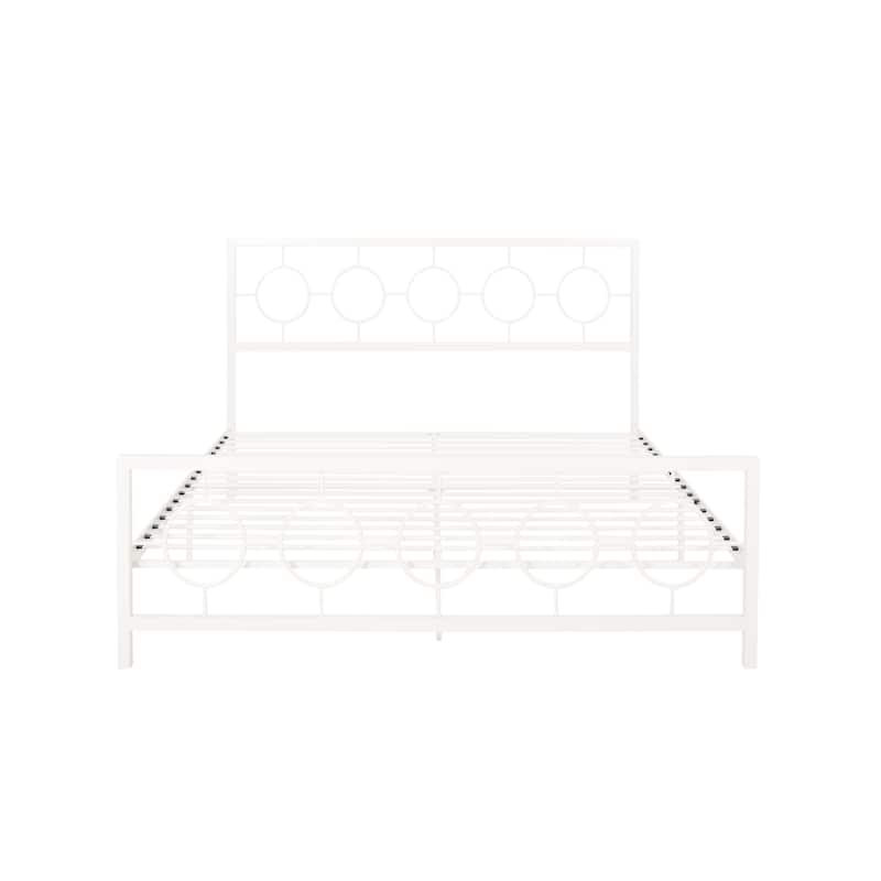 Roomfitters King Size Metal Platform Bed Frame with Headboard and Footboard, Modern Circle Design, White