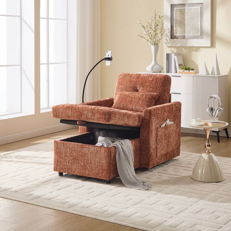 Multifunctional Lazy Person Sofa Recliner can be Stored Storage Backrest with Cell Phone Bracket Single Leisure Chair - Orange