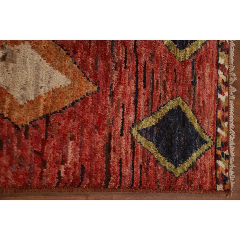 Hand Knotted Oriental 100% Wool Carpet Modern Tribal Red Moroccan Area Rug - 9' 11'' X 6' 9''