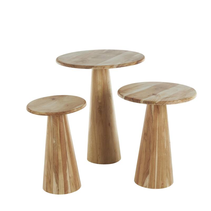 Brown or Light Brown Wood Side End Accent Table with Natural Wood Grains and Cone Shaped Bases (Set of 3)