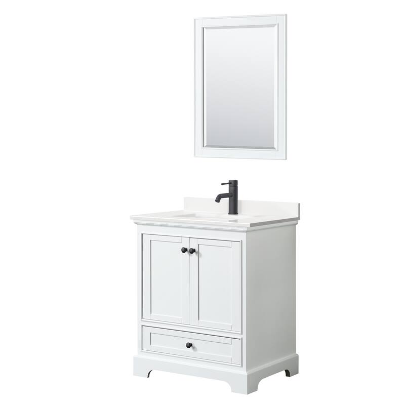 Deborah 30-inch Single Vanity, Quartz Top, 24-inch Mirror - White, Black Trim, White Quartz Top