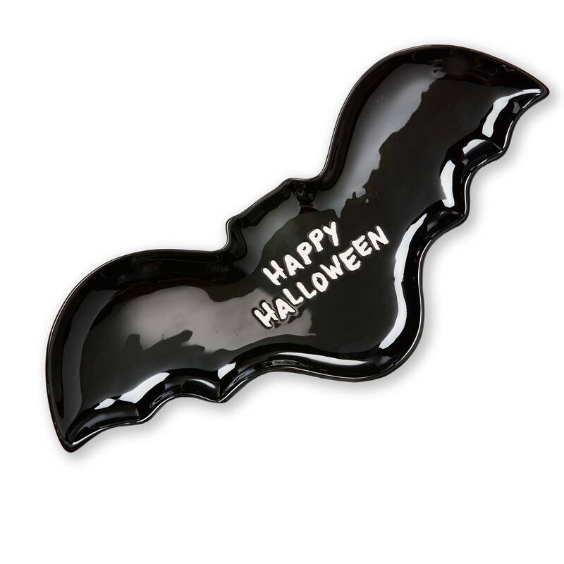 Happy Halloween Black Bat Ceramic Serving Platter 16x7.2 Hand Wash Only Perfect for Spooky Celebrations