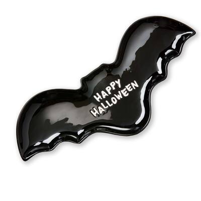 Happy Halloween Black Bat Ceramic Serving Platter 16x7.2 Hand Wash Only Perfect for Spooky Celebrations