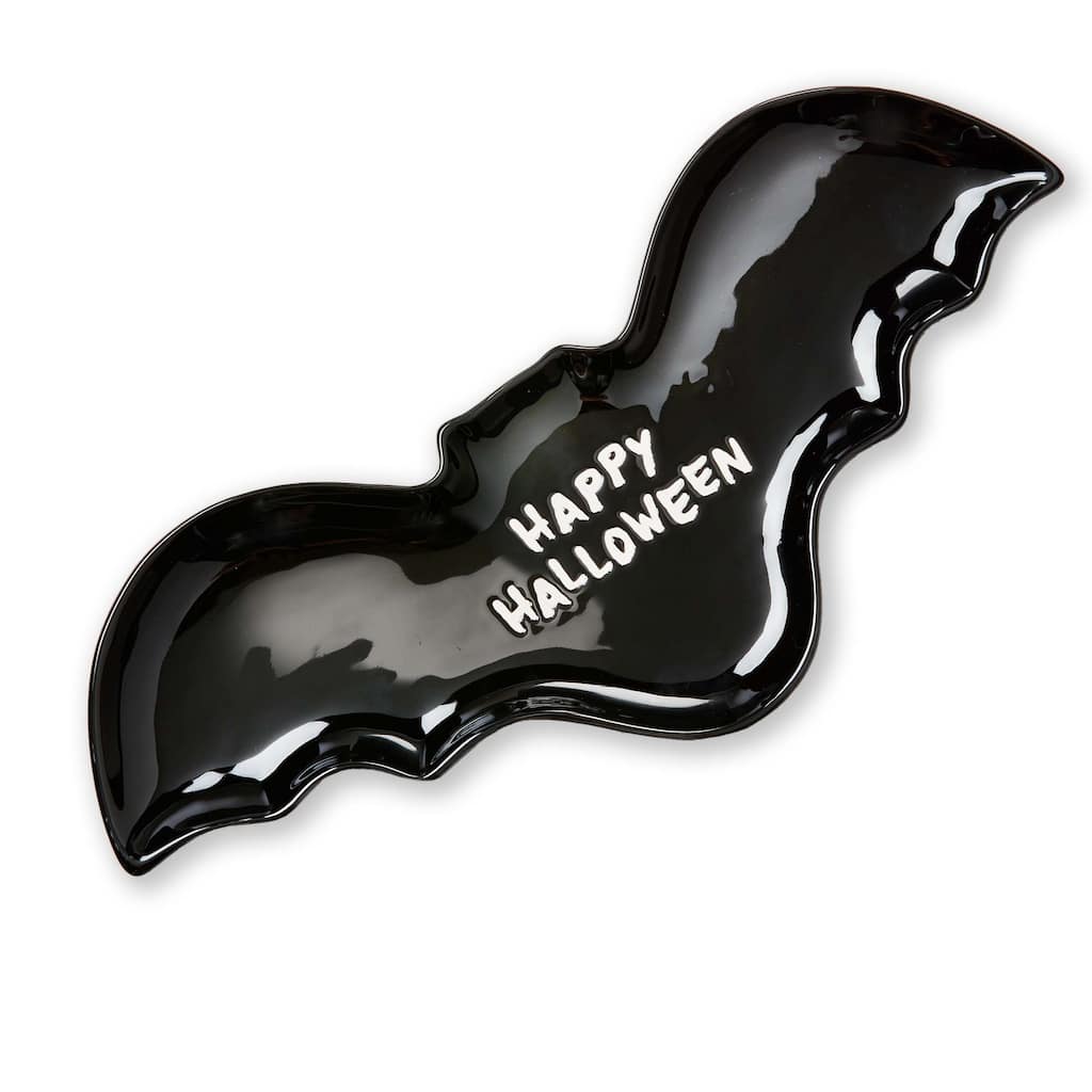 Happy Halloween Black Bat Ceramic Serving Platter 16x7.2 Hand Wash Only Perfect for Spooky Celebrations