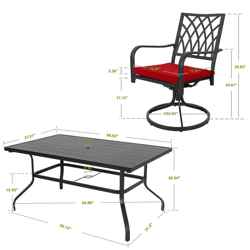 Nuu Garden Outdoor 7-Piece Iron Dining Set with 1.57'' Umbrella Hole, Black