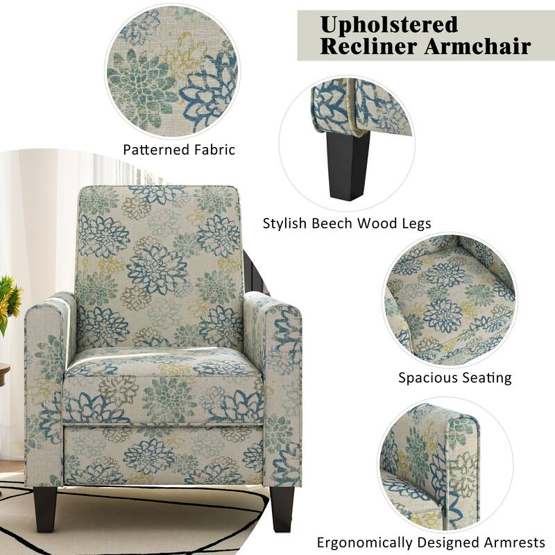 Recliner Chair with Adjustable Push-Back Mechanism, Armchair with Wood Legs, Deep Seating Lounge Chaise Chair