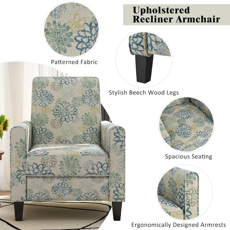 Roomfitters Push Back Recliner Armchair with Beech Wood Legs, Printed Fabric Accent Chair