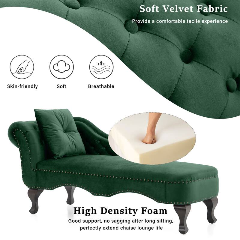 Christopher Knight Home - Bressi Modern Velvet Upholstered Chaise Lounge with Tufted Backrest, Nailhead Trim & Pillow