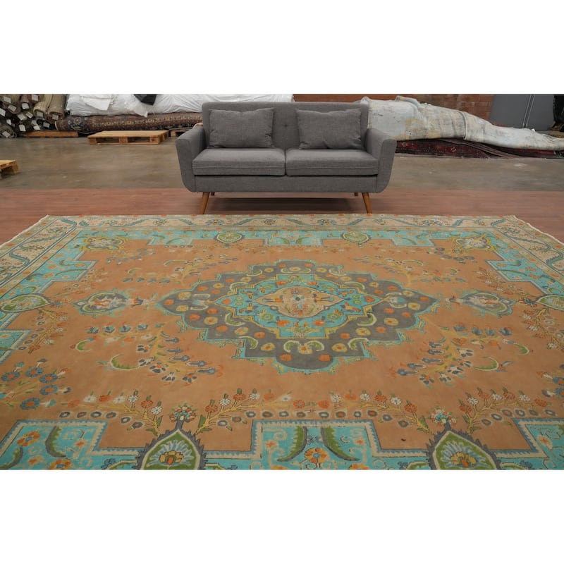 Hand Knotted Oriental 100% Wool Carpet Traditional Floral Oranges & Rust Tabriz Area Rug - 12' 7'' X 9' 6''
