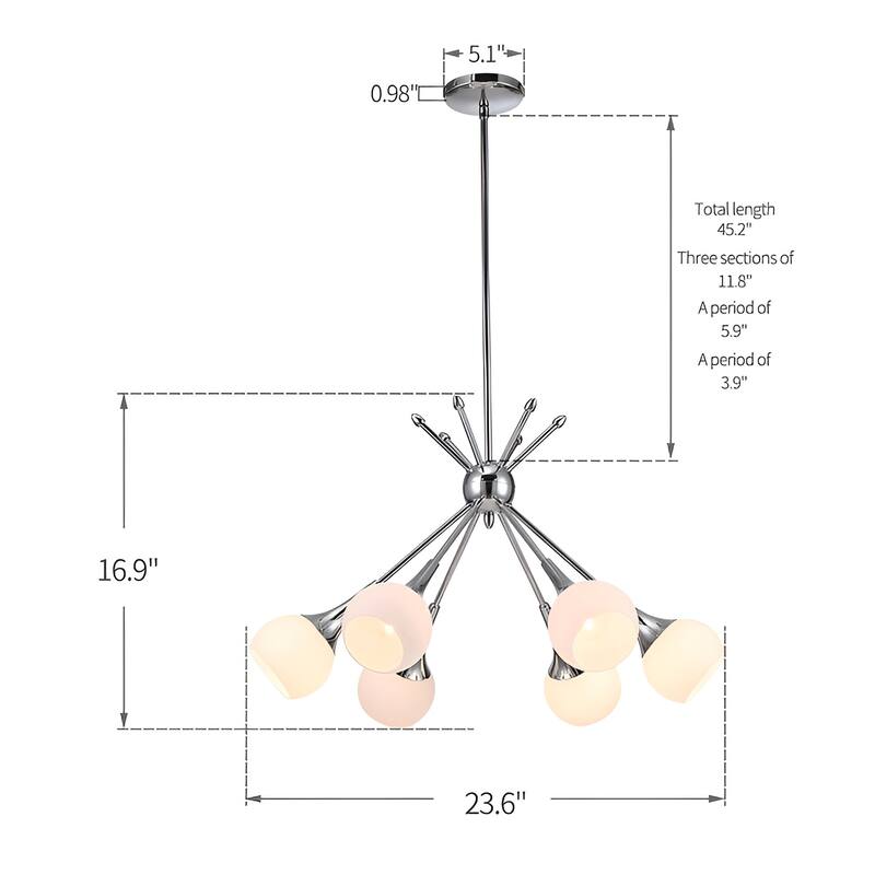 Six-Arm Celestial Wrought Iron & Blown Glass Oil Rod Pendant - Chrome