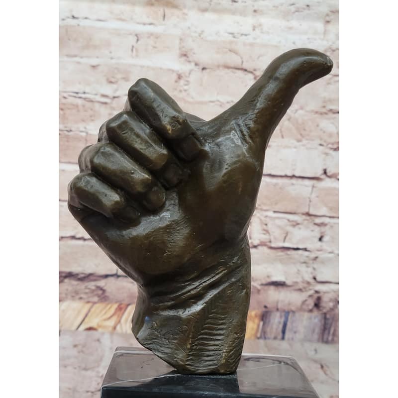 Bronze Thumbs-Up Sculpture On Marble Base - Signed Handmade Art