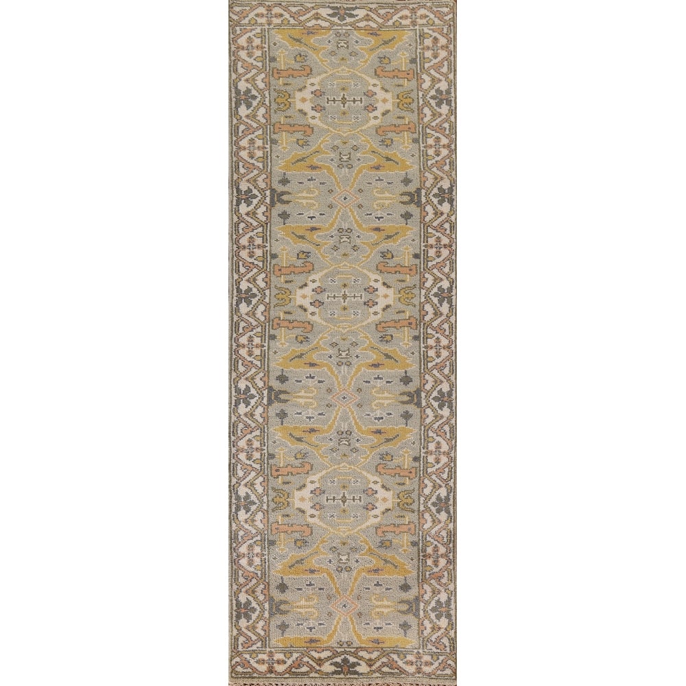 Green Floral Oushak Oriental Runner Rug Handmade Wool Carpet - 2'7"x 9'11"