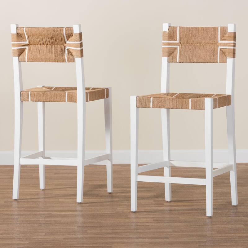 Talli Bohemian Paper Loom and White Mahogany Wood 2-Piece Bar Stool Set