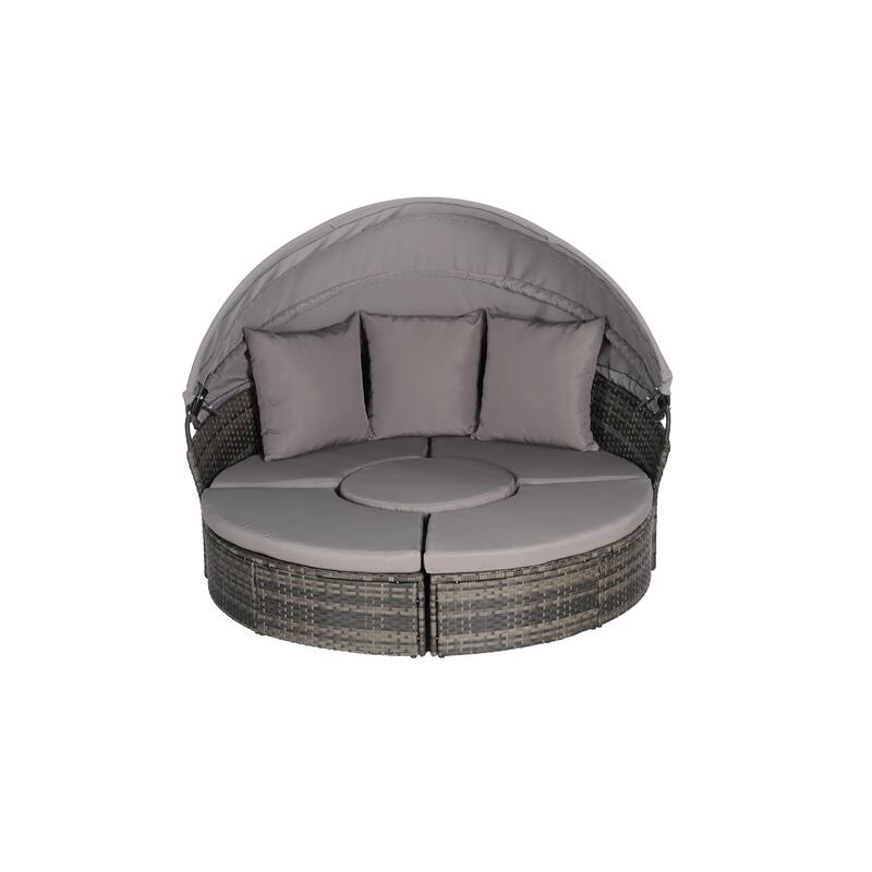 Outdoor Patio 4 Pieces Round Daybed Sunbed with Retractable Canopy, All-weather Wicker Sectional Seating Conversation Set