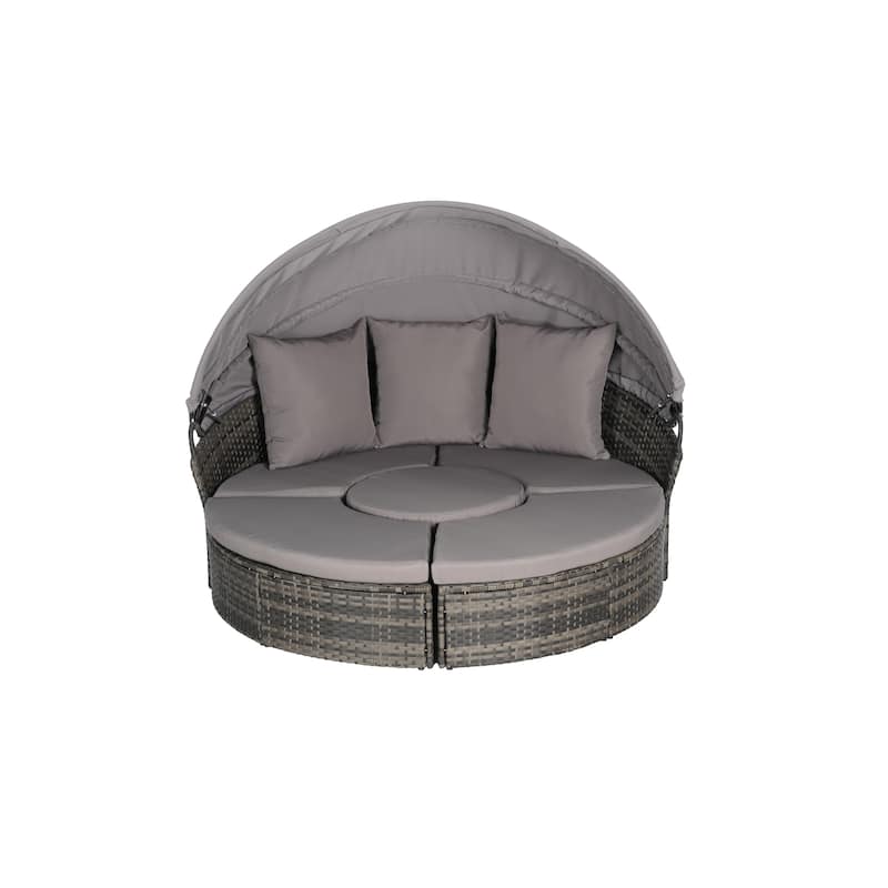 Outdoor Rattan Daybed Round Sunbed with Retractable Canopy, 5 Piece Sectional Patio Conversation Set with Storable Table - Dark Gray