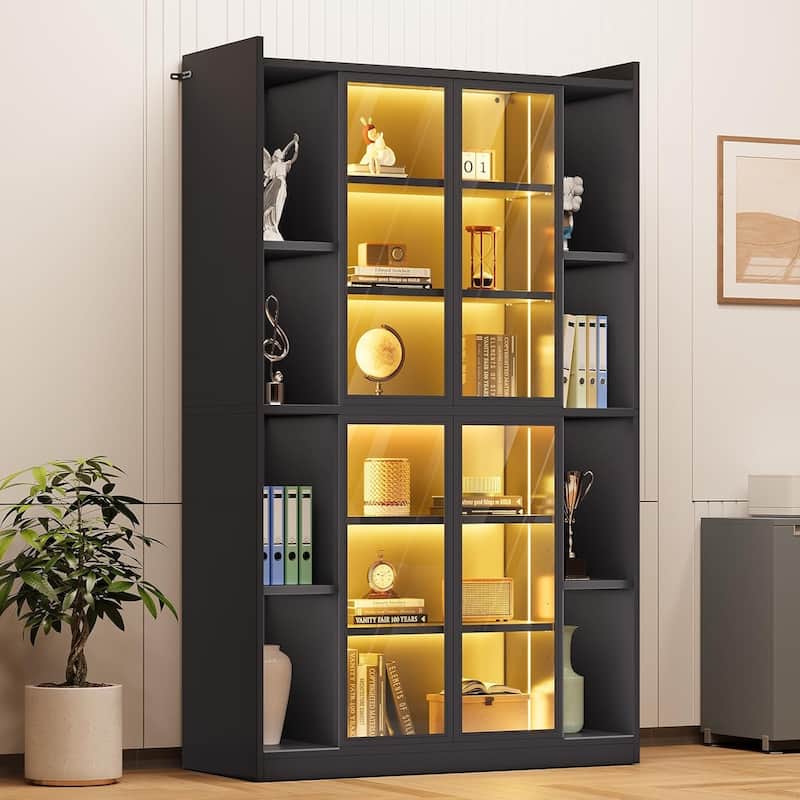 Display Cabinet Glass Doors 6 Tier Tall Bookcase LED Lights Curio Cabinet Adjustable Shelves