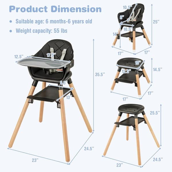 dimension image slide 3 of 4, Costway 6-in-1 Convertible Wooden Baby Highchair Infant Feeding Chair - See Details