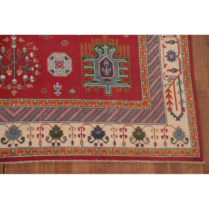 Geometric Red Kazak Area Rug Handmade Oriental Wool Carpet - 6'6" x 9'10"