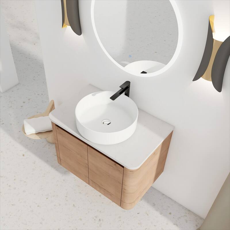 30'' Wall-Mounted Bathroom Vanity With Ceramic Art Sink & 2-Soft-Close Door, KD-Packing, Plywood - White
