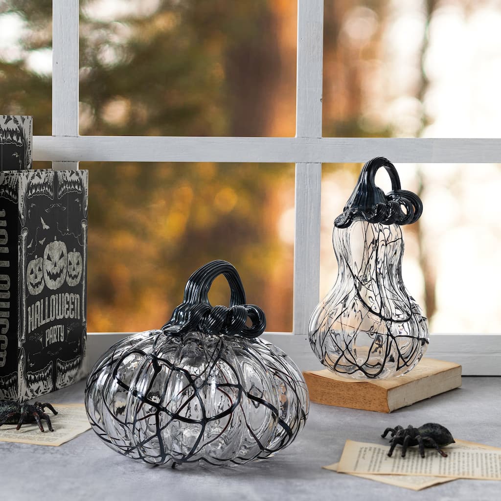Glitzhome Halloween Abstract Black and White Glass Gourd Pumpkin