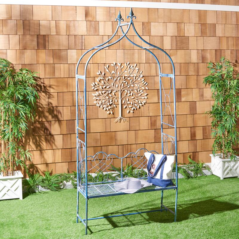 SAFAVIEH Outdoor Ryleigh Victorian Scroll Iron Arbor - Antique Blue