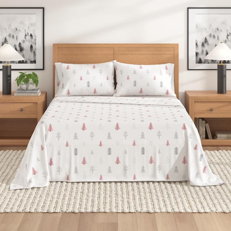 Linery & Co. Turkish Cotton Double-Brushed Christmas Flannel Bed Sheet Set - Twin - Winter Trees - Red