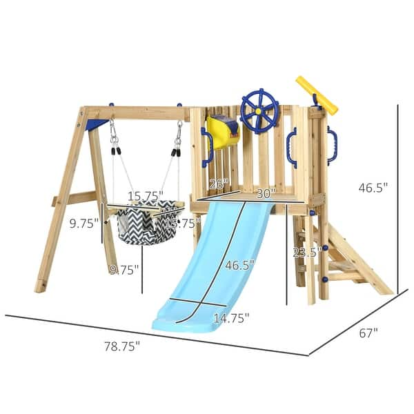 dimension image slide 1 of 2, Outsunny 3 in 1 Wooden Swing Set with Slide, Baby Swing Seat, Fort, Wheel, Telescope, Mailbox, 1.5-4 Years Old, 67"x79"x46.5"