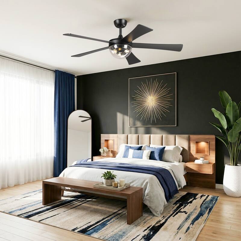 52" Modern Matte Black 5 Reversible Blades Ceiling Fan with Light and Remote