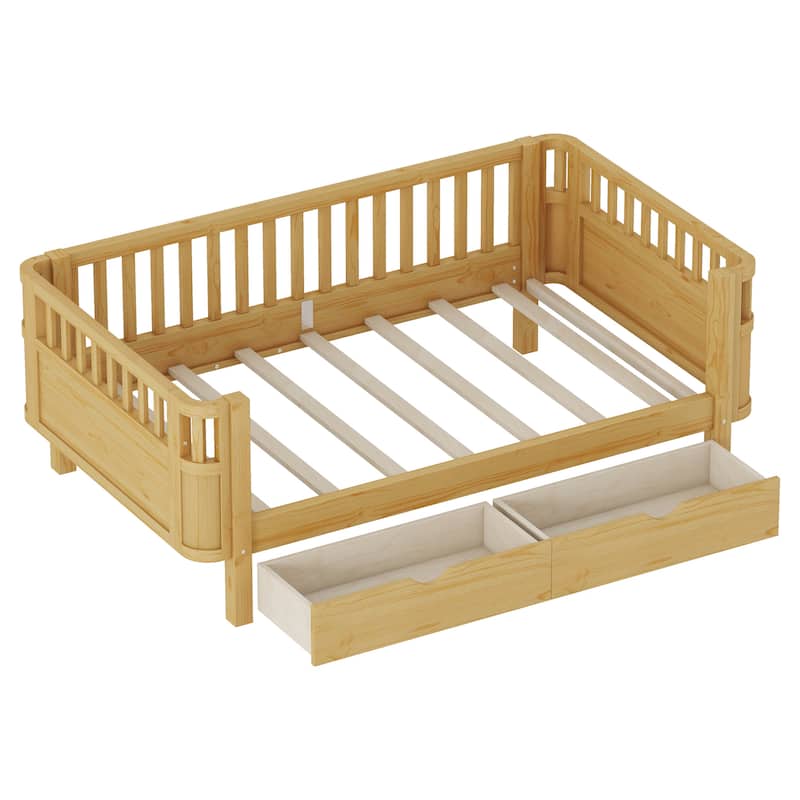 Twin Size Wood Platform Bed for Kids, Wood Low Profile Twin Bed with Rails for Girls and Boys